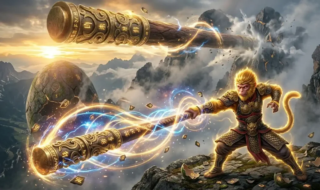 Sun Wukong holding the magical Ruyi Jingu Bang staff.