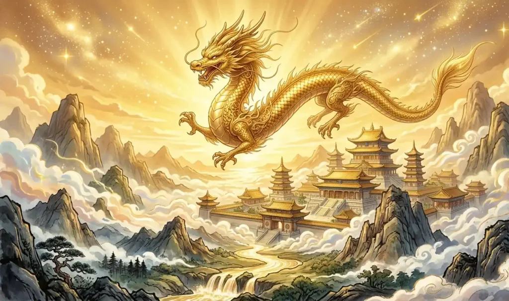 Golden celestial dragon flying above clouds and heavenly palaces in a bright sky.