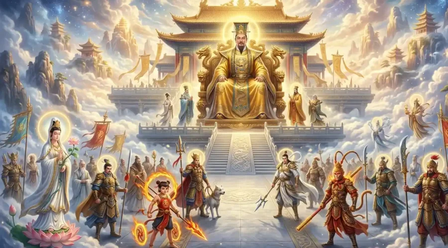 Was the Jade Emperor Weak - Jade Emperor ruling Heaven from his throne while gods gather below.