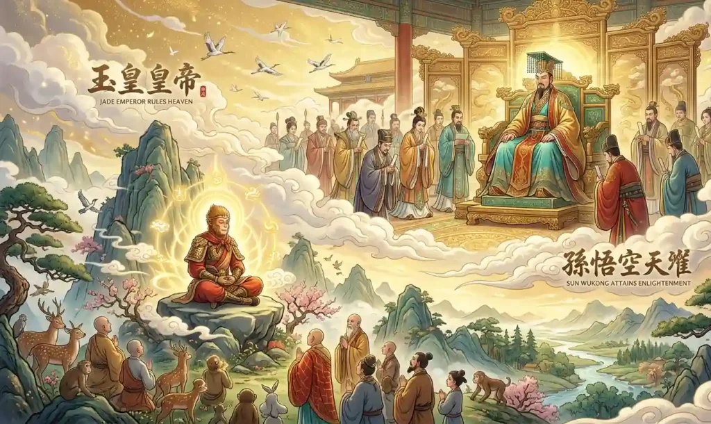 Jade Emperor and Sun Wukong achieving different victories.