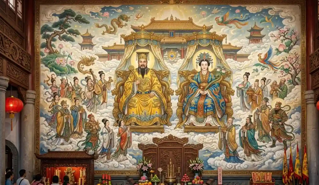 Popular folk depiction of the divine pair in Heaven.