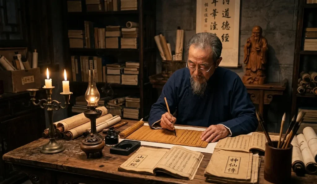 Scholar examining ancient texts about divine figures.