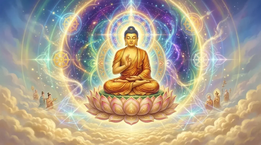 Buddha seated in meditation radiating wisdom and compassion.