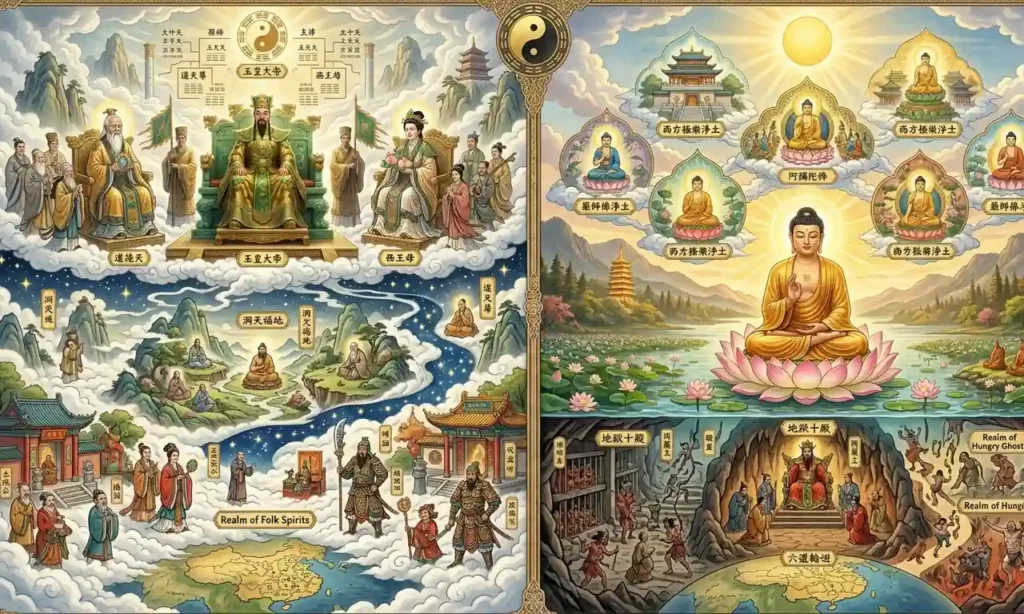 Multiple religious traditions woven into one cosmology.