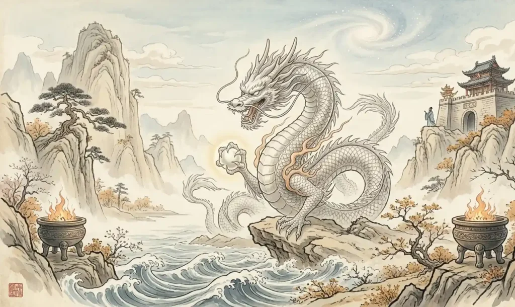 White dragon beneath a quiet autumn landscape.