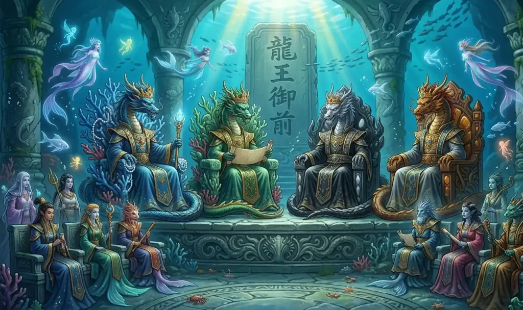 The Four Dragon Kings seated in their underwater courts.