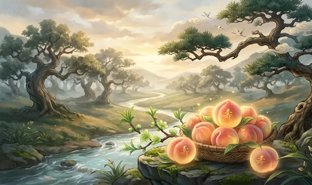 Sacred peaches surrounded by symbols of longevity.