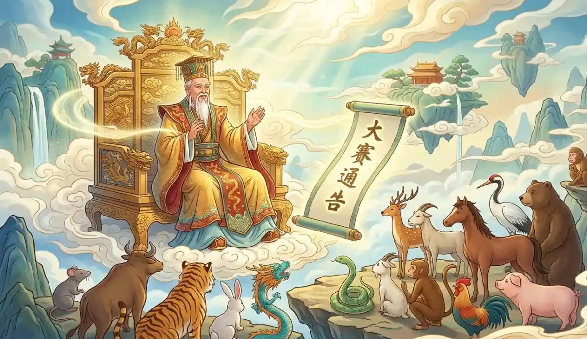 Jade Emperor and the Chinese Zodiac - Jade Emperor presenting the zodiac race to twelve animals.