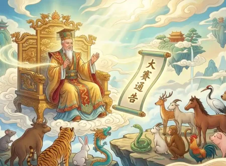 Jade Emperor and the Chinese Zodiac - Jade Emperor presenting the zodiac race to twelve animals.