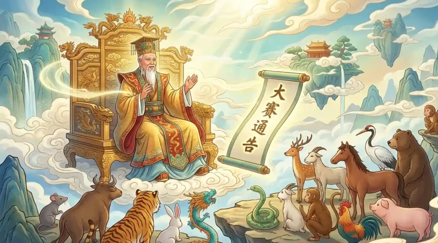 Jade Emperor and the Chinese Zodiac - Jade Emperor presenting the zodiac race to twelve animals.
