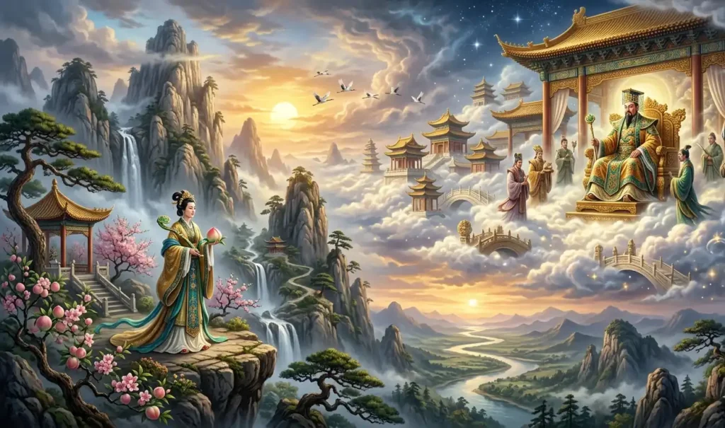 Xiwangmu and the Jade Emperor shown within their domains.