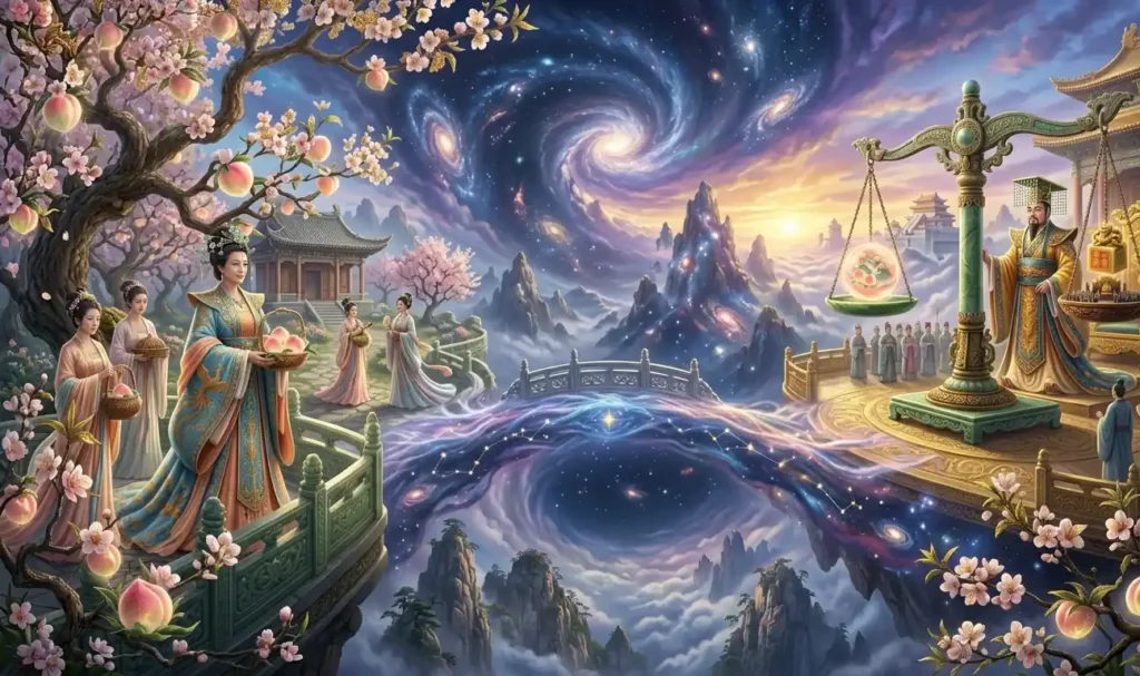 Xiwangmu and the Jade Emperor watching over the world.