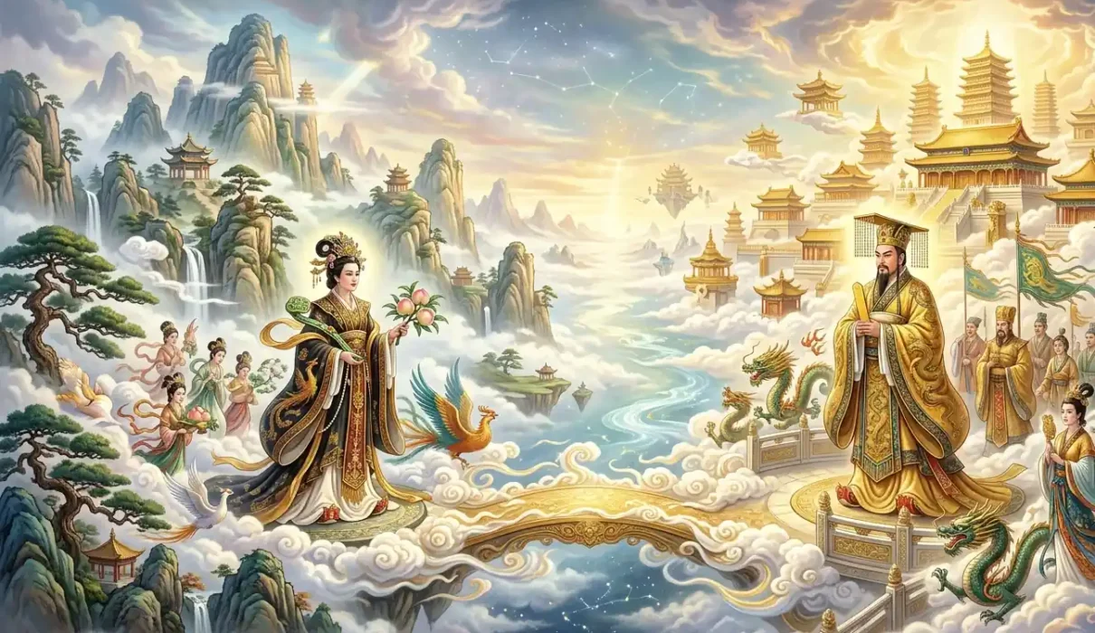 Xiwangmu vs Jade Emperor - Xiwangmu and the Jade Emperor compared across the celestial realm.