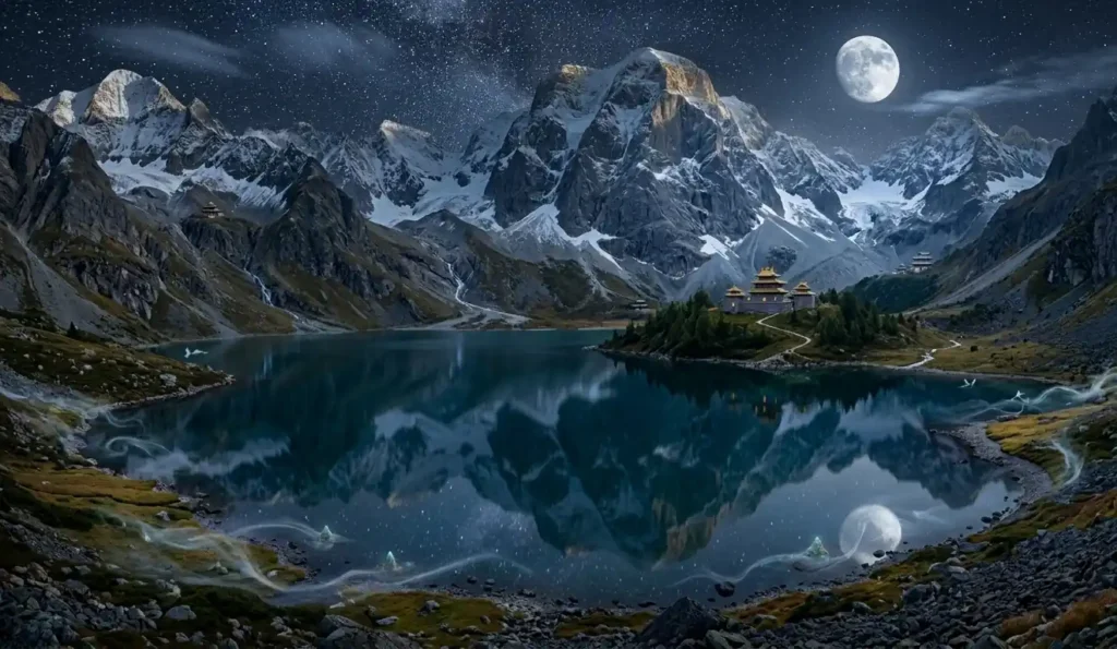 Yao Chi reflecting the stars beneath sacred mountains.