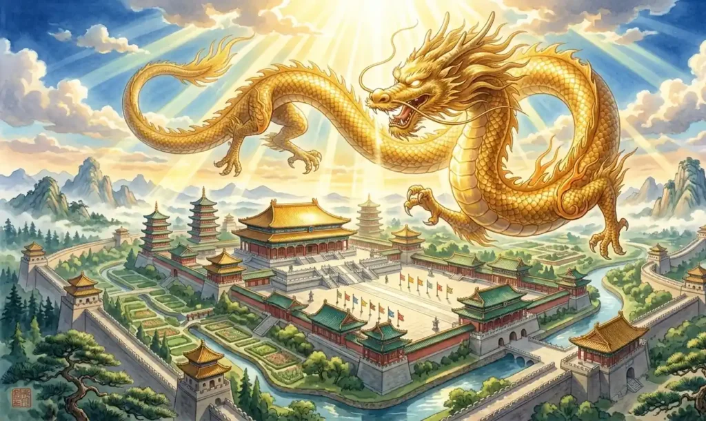 Golden dragon flying above an ancient imperial palace.