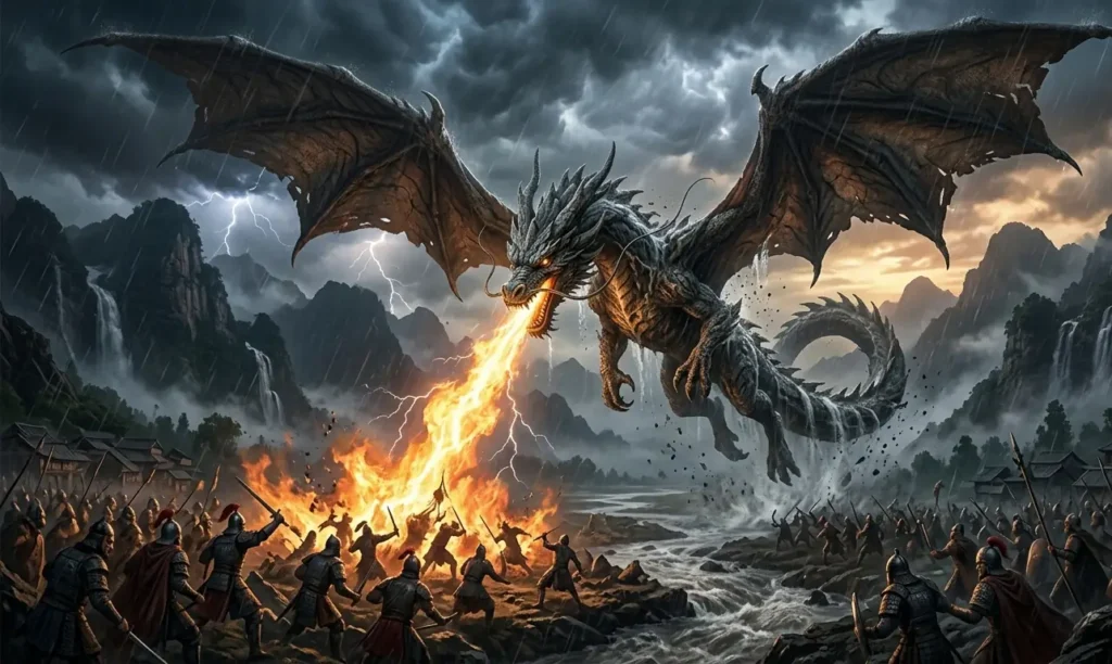Winged dragon flying through stormy sky aiding ancient warriors.