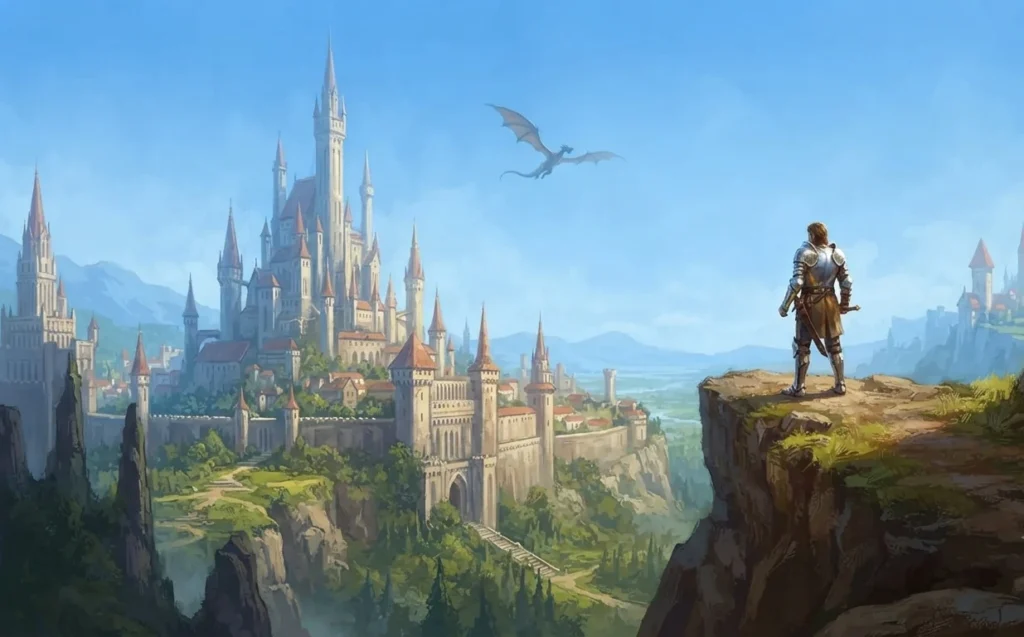 Epic fantasy hero standing before a magical kingdom.