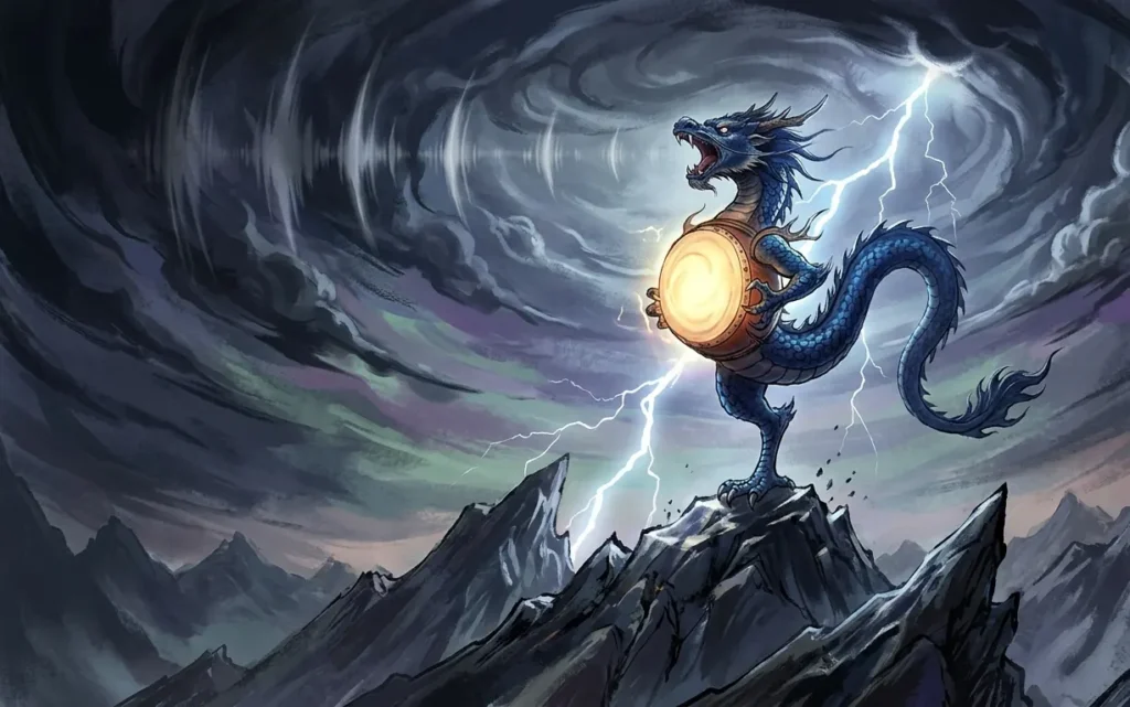 Kui dragon with a single leg on a mountain peak.