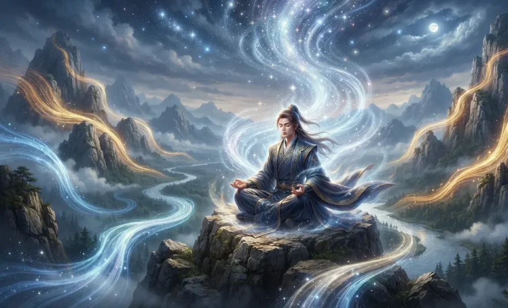 Cultivator drawing spiritual qi into the body.