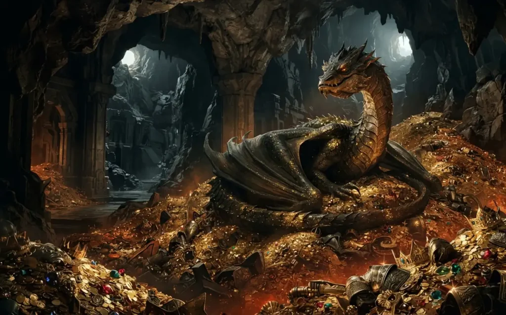 Smaug guarding a vast treasure beneath a mountain.