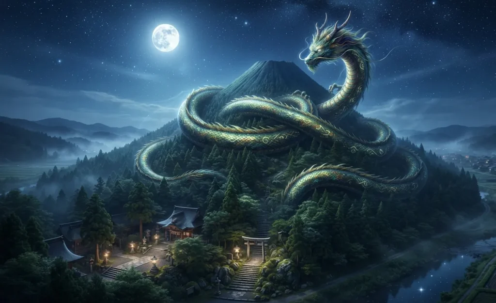 Serpent dragon guarding Mount Miwa at night.