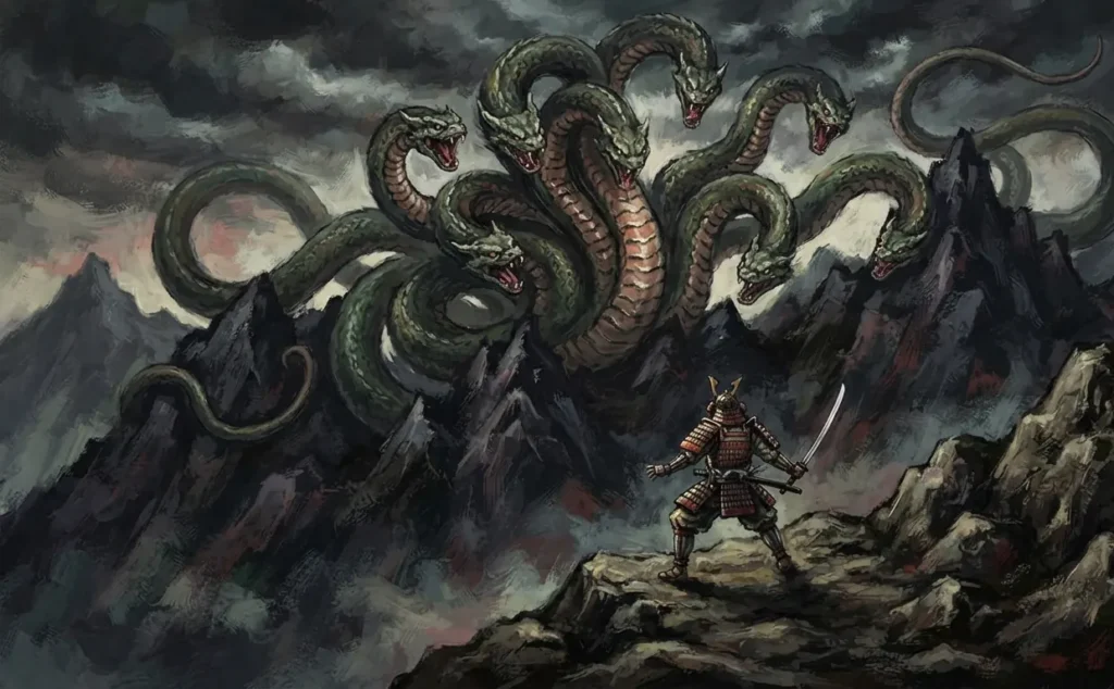 Yamata no Orochi with eight heads confronting Susanoo.