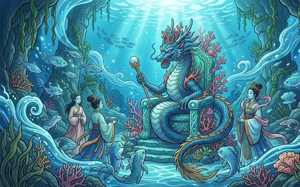 Yongwang ruling his underwater kingdom beneath the sea.