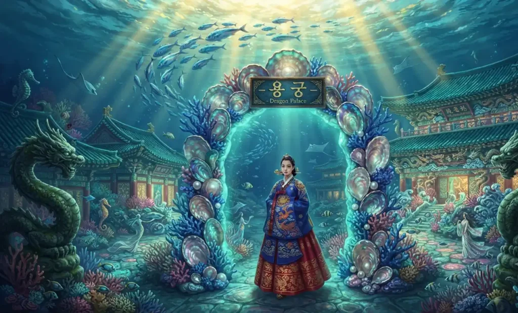 Princess Bari arriving at the Dragon Palace.