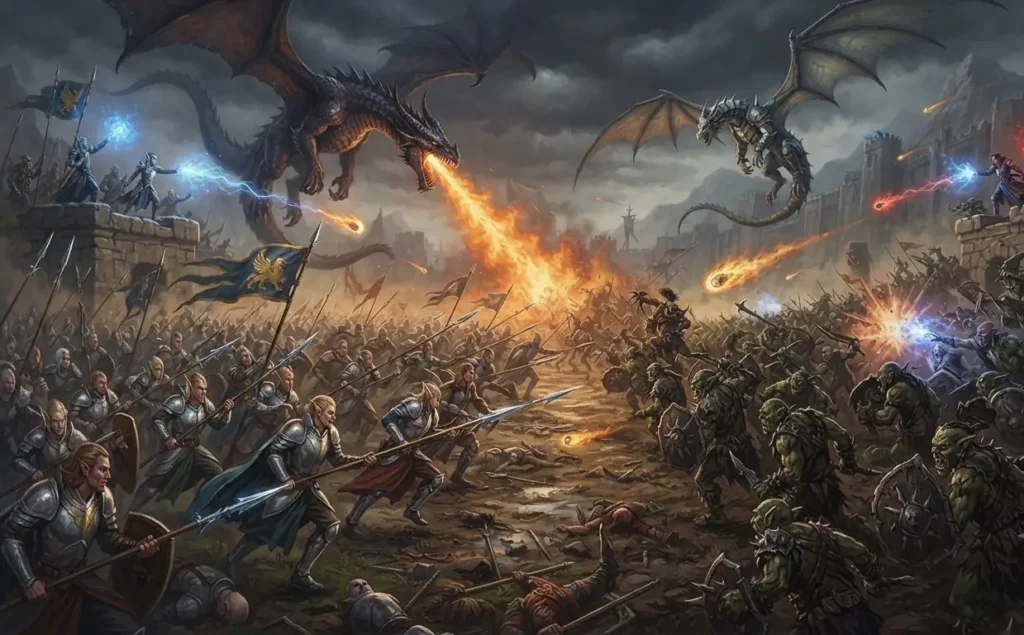 Fantasy armies fighting across an epic battlefield.