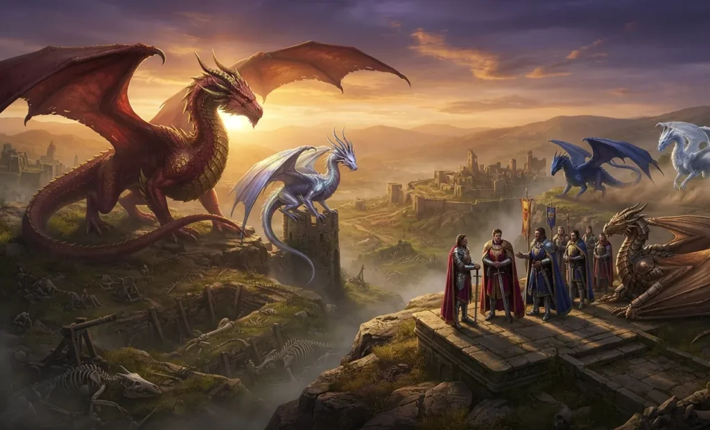 Dragons and rulers preparing for war.