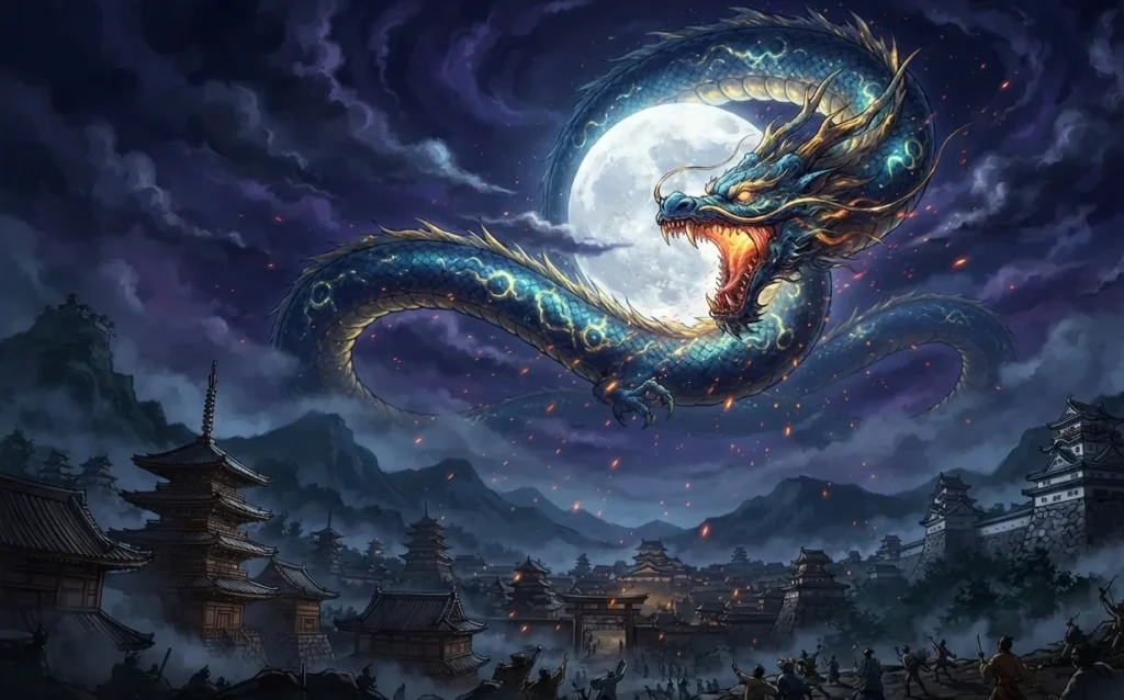Dragon swallowing the glowing full moon.