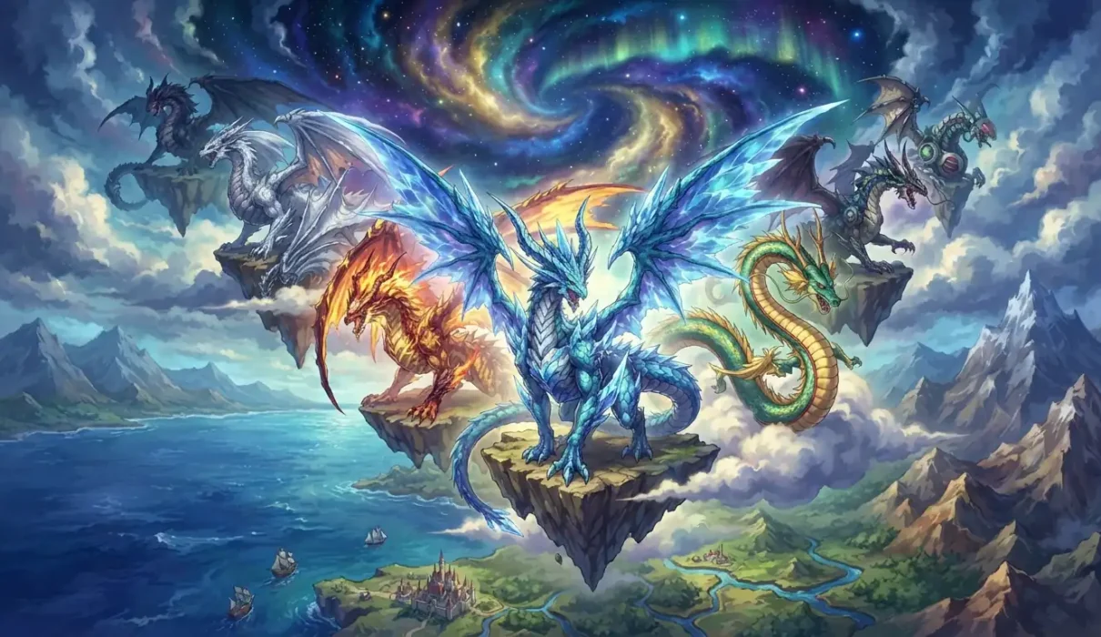 Iconic anime dragons assembled in one dramatic scene.