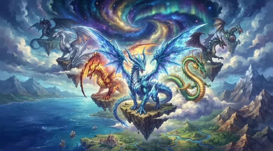 Iconic anime dragons assembled in one dramatic scene.
