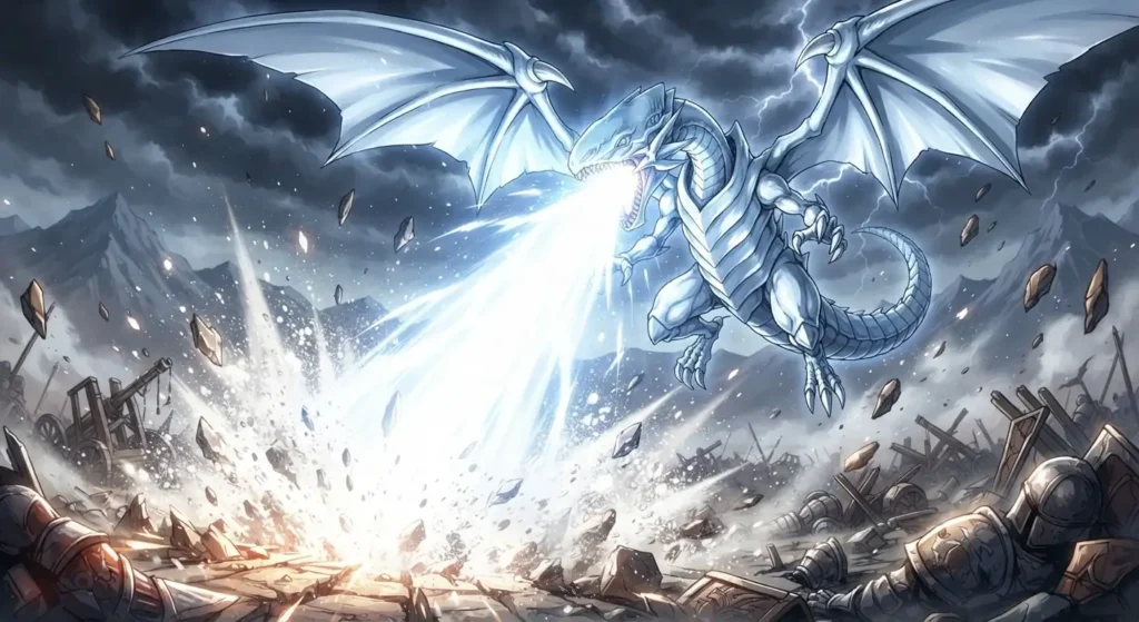 Blue-Eyes White Dragon preparing a powerful attack.