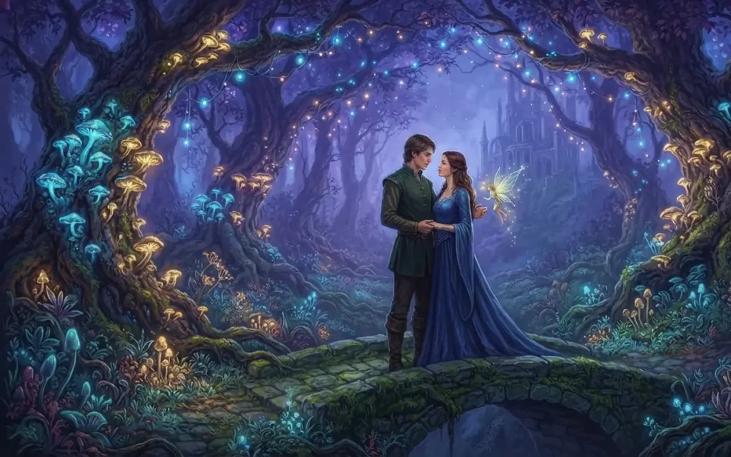 Romantic couple in a magical fantasy landscape.