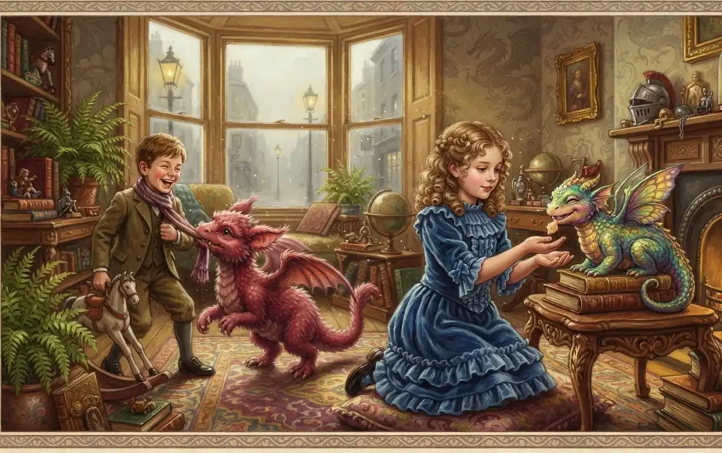 Children meeting dragons in enchanted landscapes.