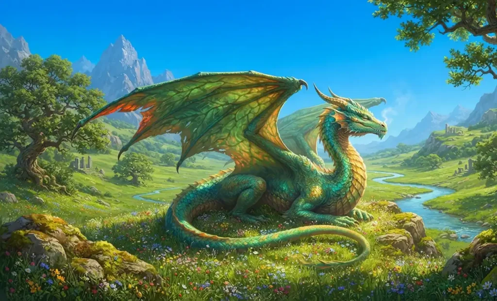 Summer dragon resting in a peaceful valley.