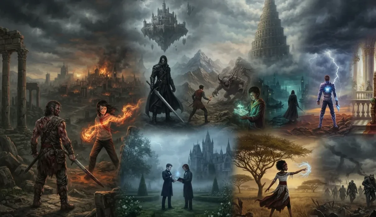 Iconic dark fantasy worlds from the best dark fantasy books brought together in one scene.