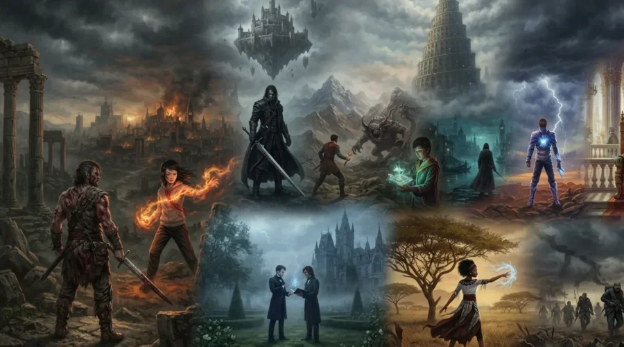 Iconic dark fantasy worlds from the best dark fantasy books brought together in one scene.