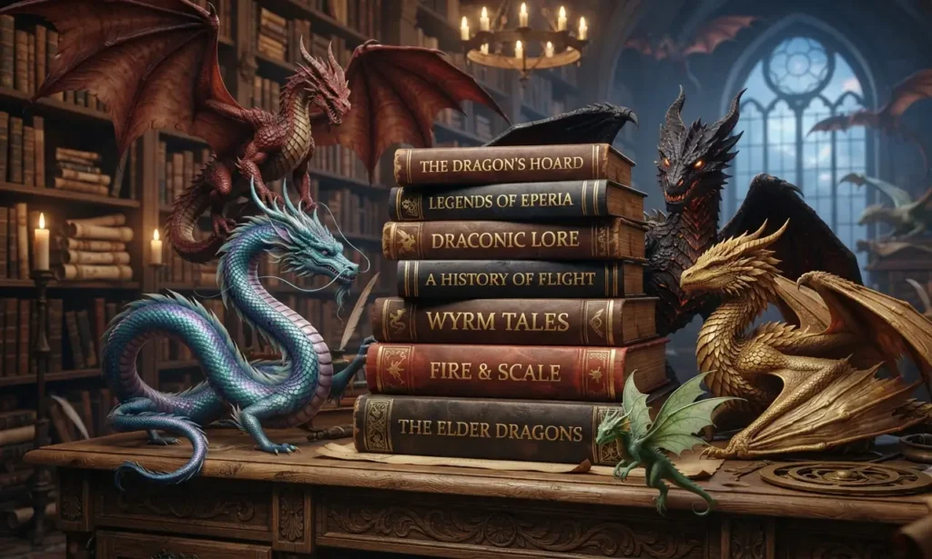 Collection of influential dragon books with legendary dragons.