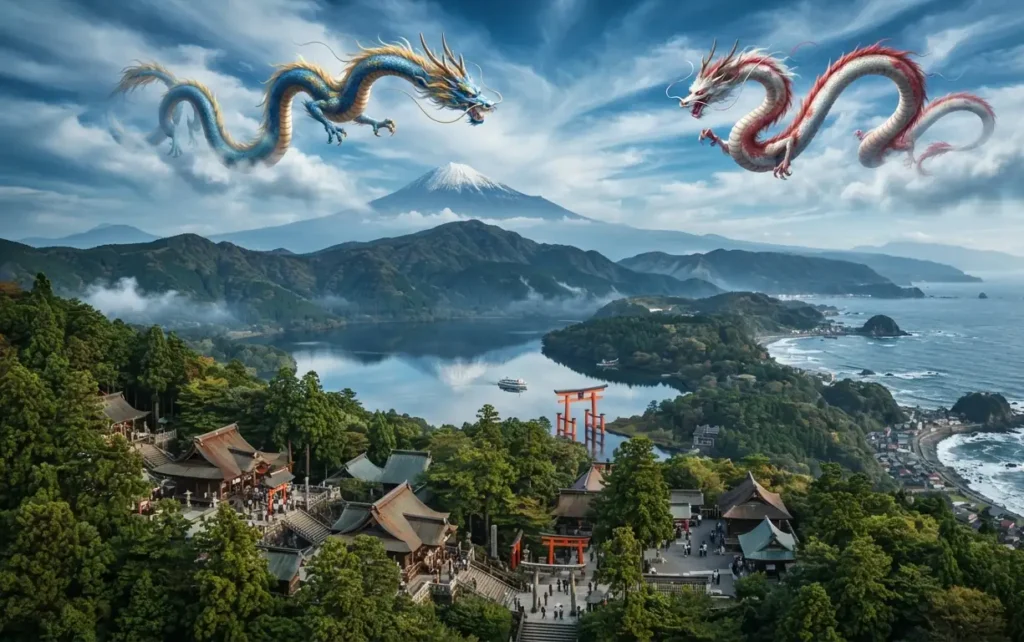Japanese dragons flying across sacred landscapes.