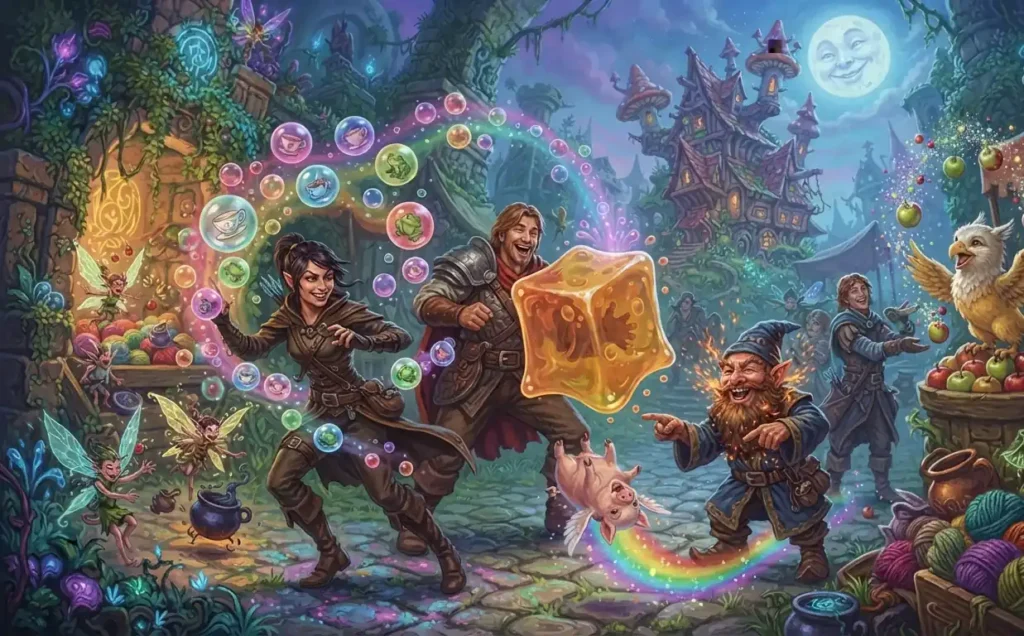 Humorous fantasy heroes facing magical mishaps.
