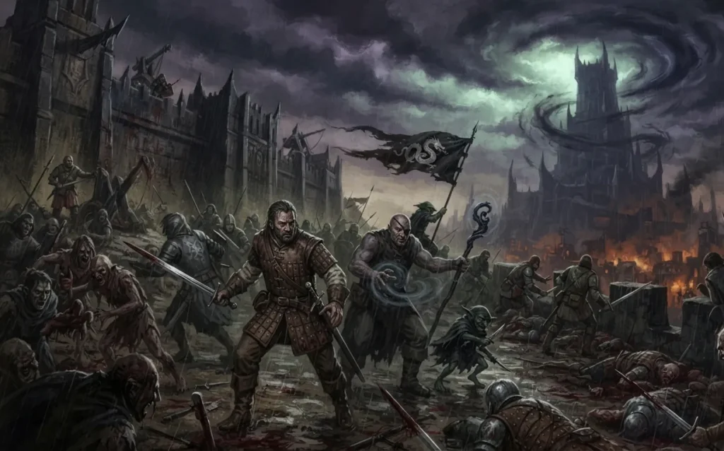 Mercenary company crossing a devastated battlefield.