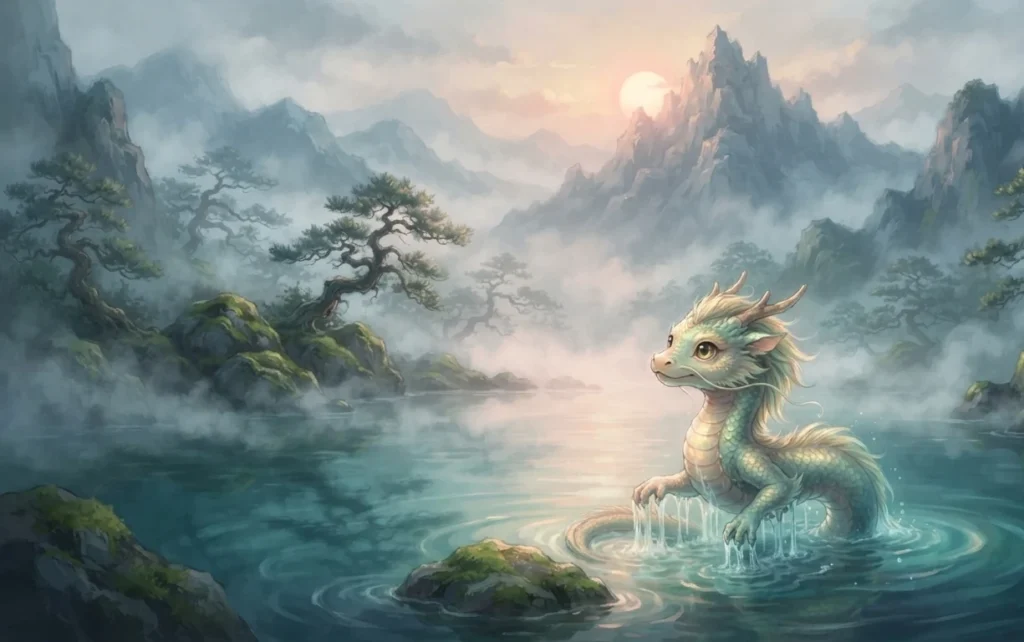 Dragon child standing beside a mountain lake.