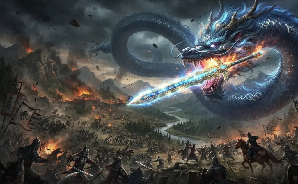 Dragon swallowing a warrior's sword in battle.