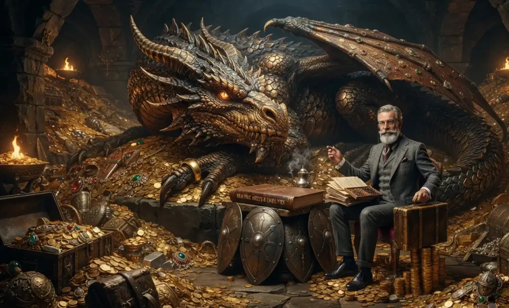 Banker meeting a dragon in a treasure chamber.
