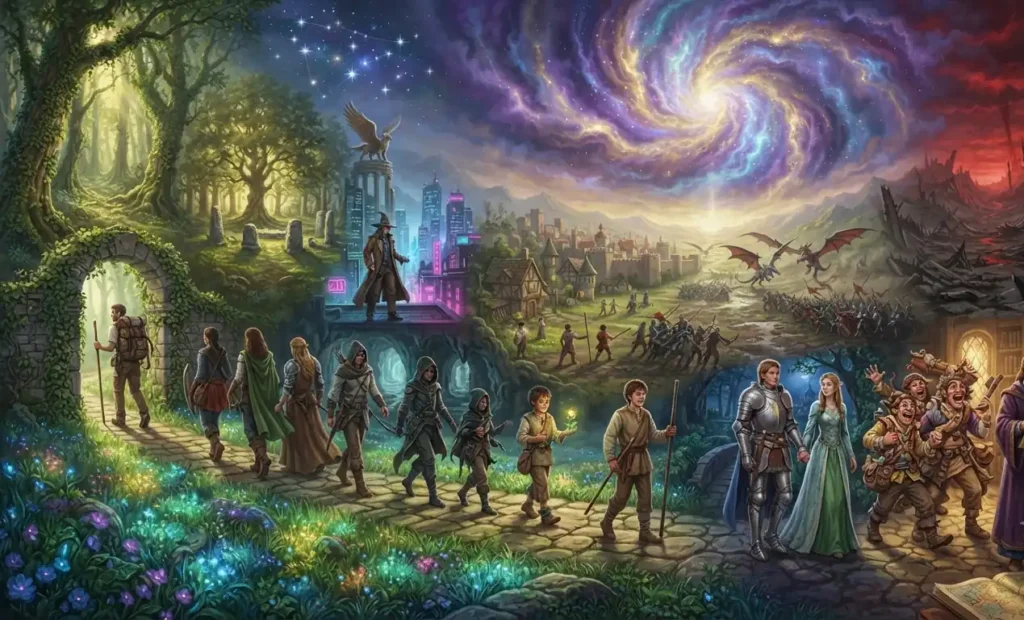 Heroes from many fantasy genres journeying together.