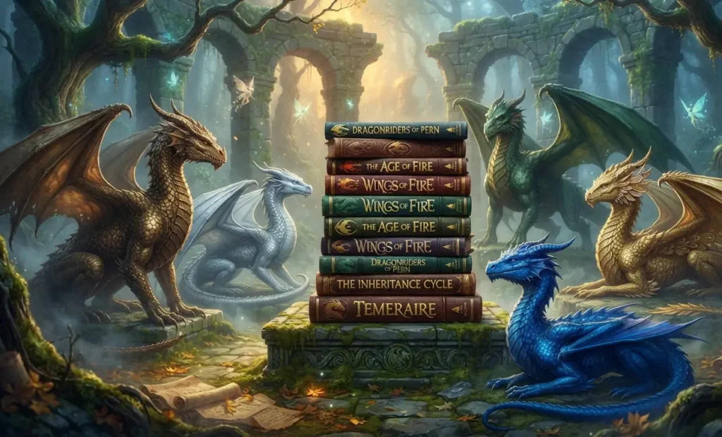 Collection of memorable dragon books with fantasy dragons.