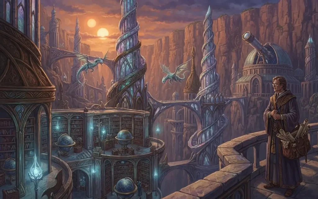 Explorer studying a fully imagined fantasy civilization.