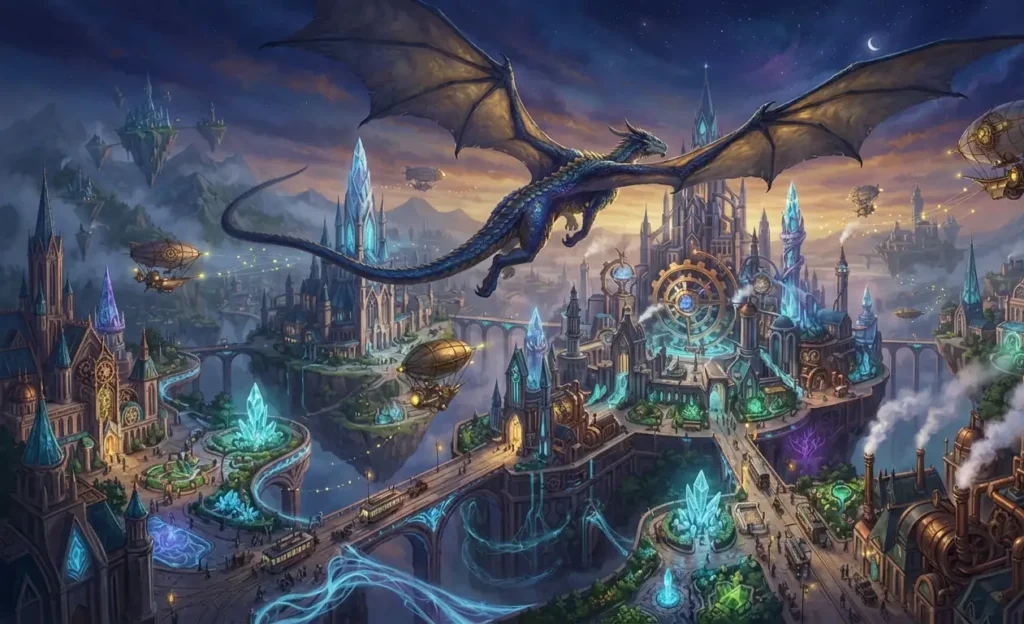 Dragon flying over the city of Dorcastle.